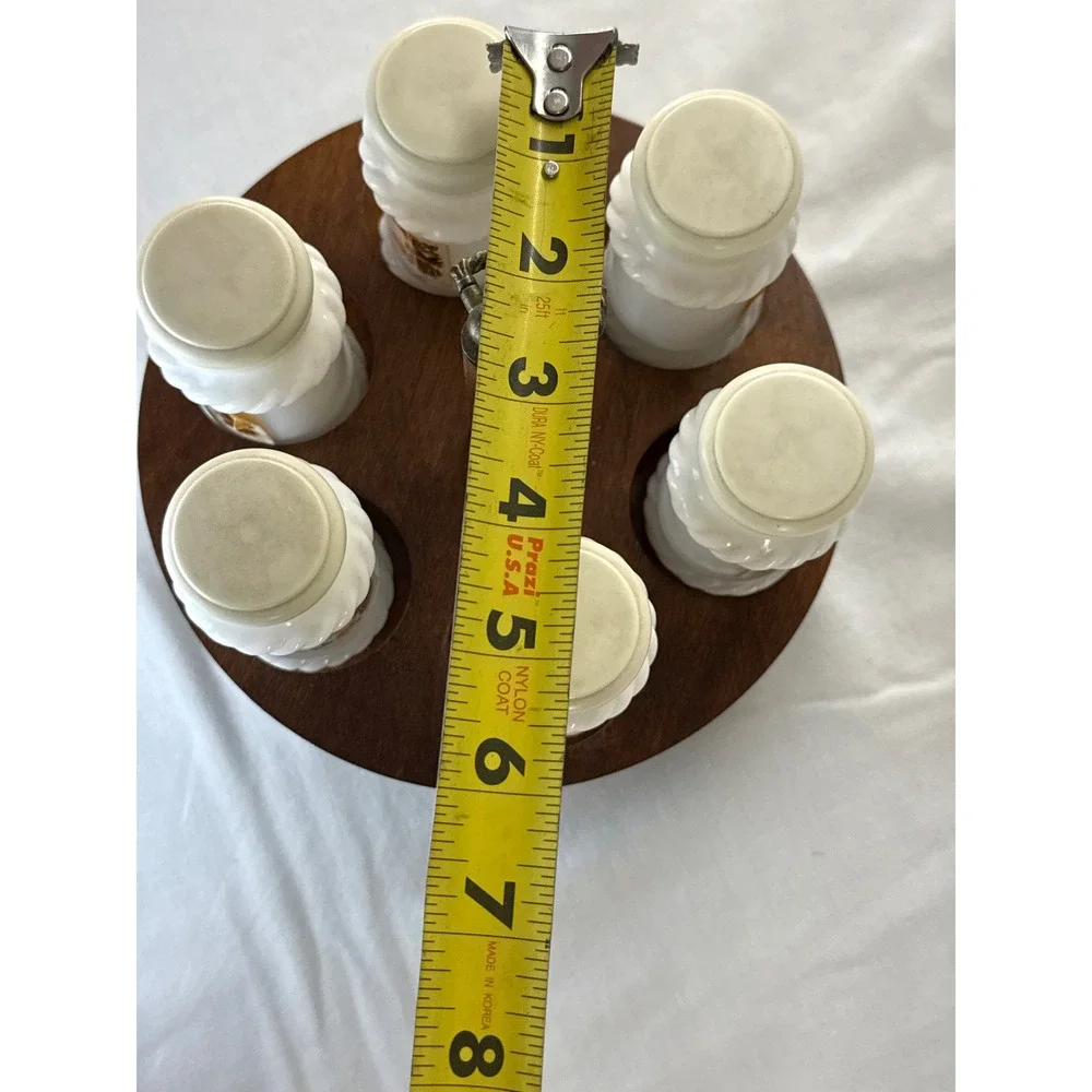 Vintage Milk Glass Spice Jar Set 6 Jars Rotating Wood Carousel Rack White Cream
